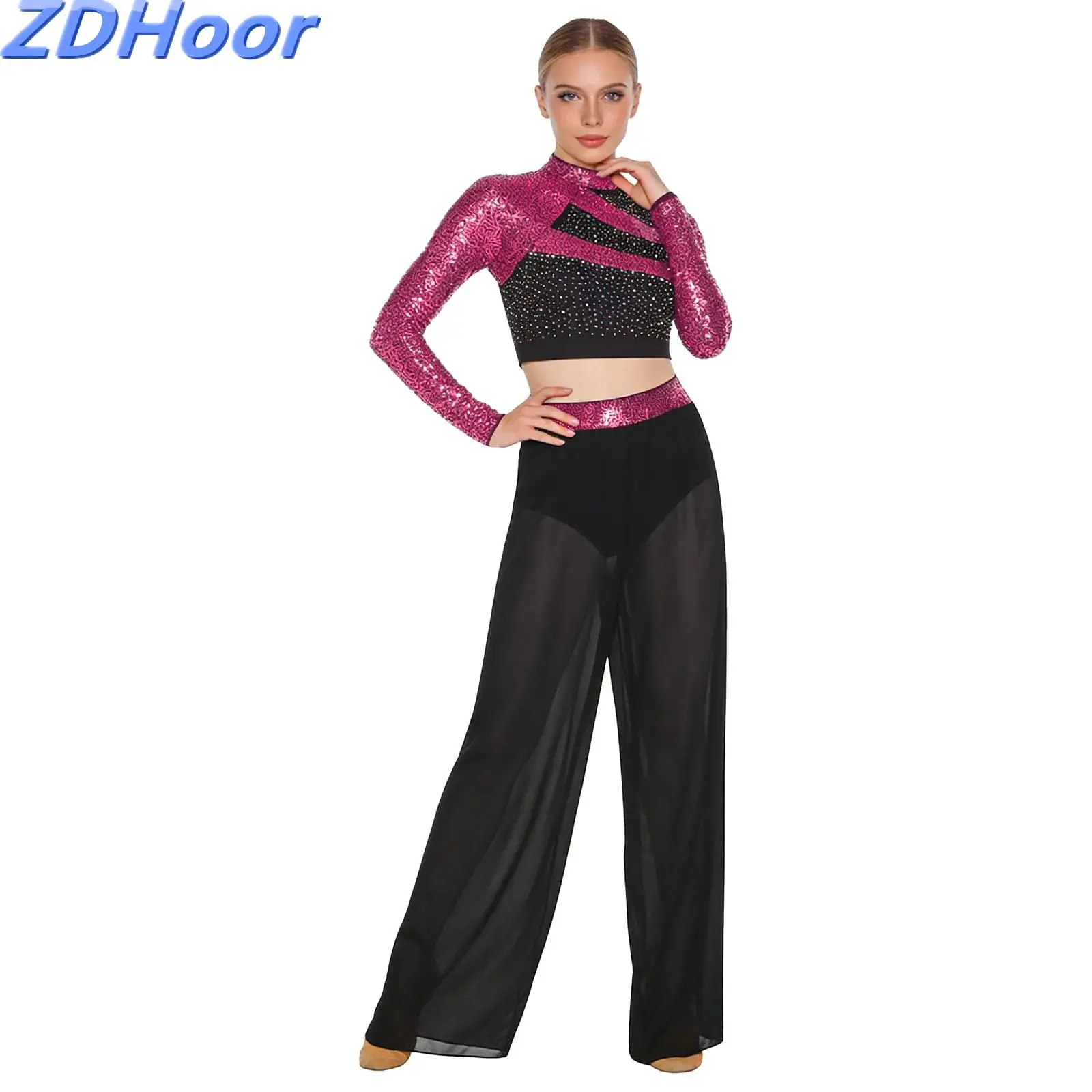 여성 댄스 의상 모크넥 긴팔 컷아웃 백 스팽글 라인스톤 크롭탑 사이드 슬릿 시스루 쉬폰 팬츠