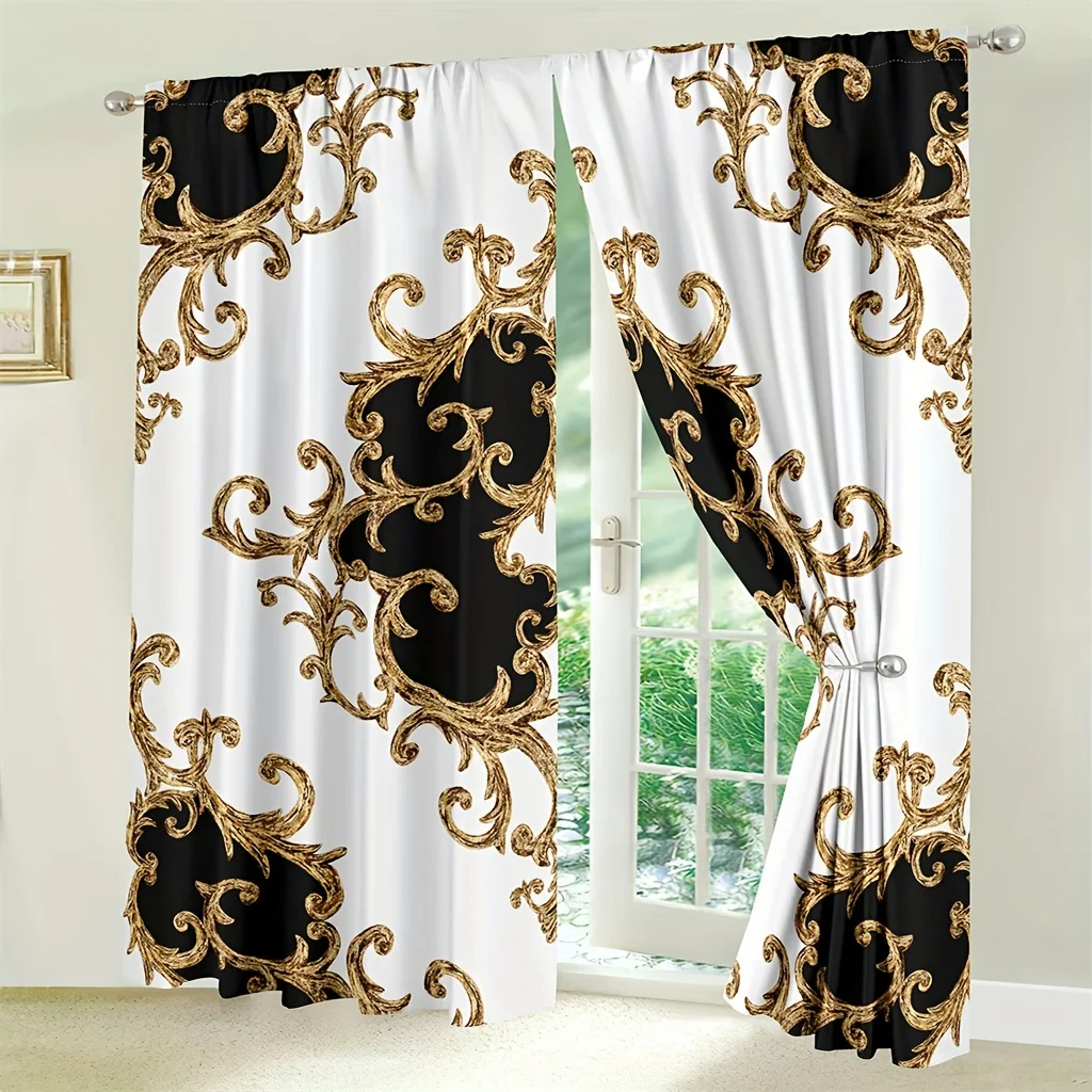 2pcs Gorgeous Golden Flowers Printed Curtain For Home Decor Rod Pocket Window Treatment For Bedroom Office Kitchen Living Room