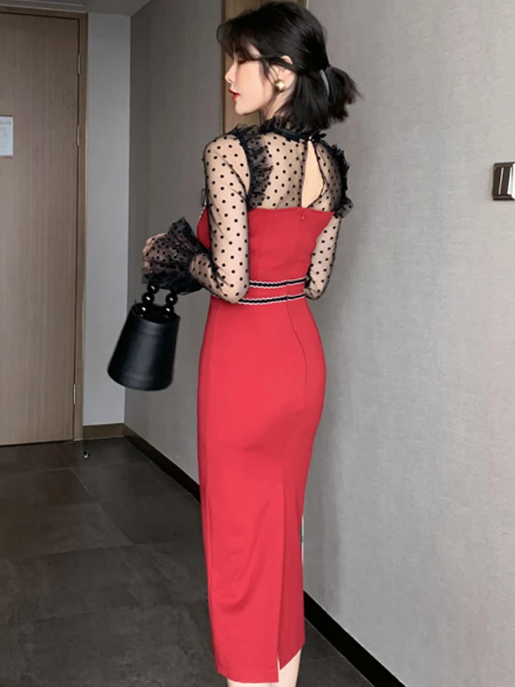 Koreański styl Celebrity elegancka seksowna sukienka Midi kobiety 2023 Sheer Dot Mesh łączone Wrap Hip Bodycon kobieca szata Party Vestidos