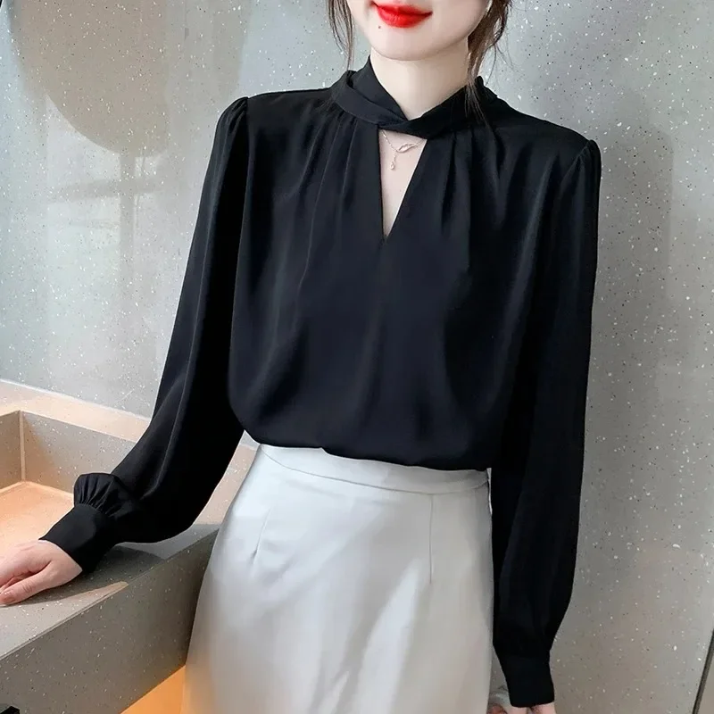 New Fashion Blouse Women Blue Black Chiffon Long Sleeve Blouse Shirt Women Tops  Blouses Shirts Blusa Camisas De Mujer 2024 G295