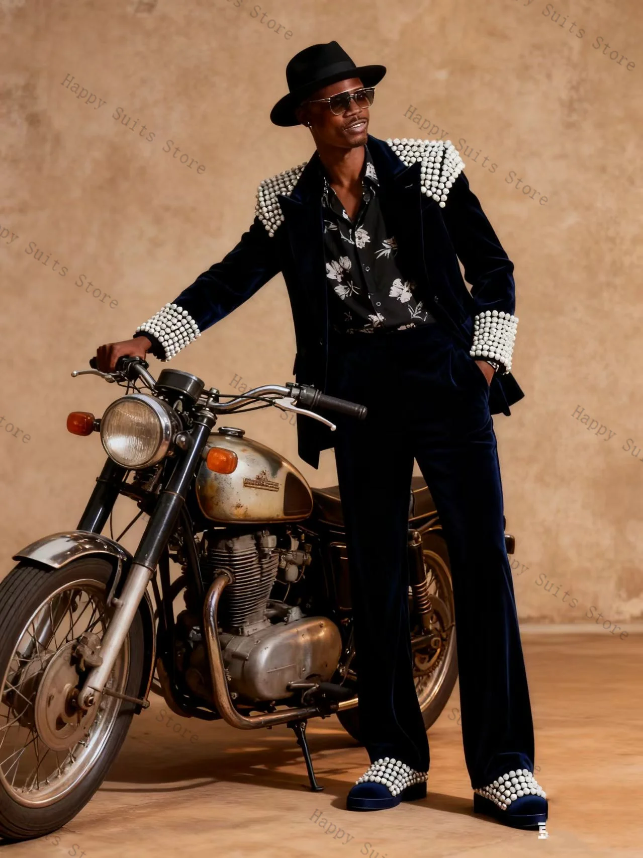 

Pearls Men Suit Set 2 Pcs Navy Blue Velvet Blazer+Pants Trousers Formal Office Coat Wedding Tuxedo Customized Jacket Outfit