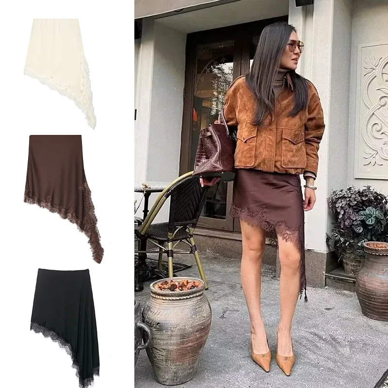 여성용 여름 비대칭 솔리드 미니 스커트 A라인 사이드 지퍼 브라운 엘라스틱 웨이스트 빈티지 여성 시크 크롭 스커트