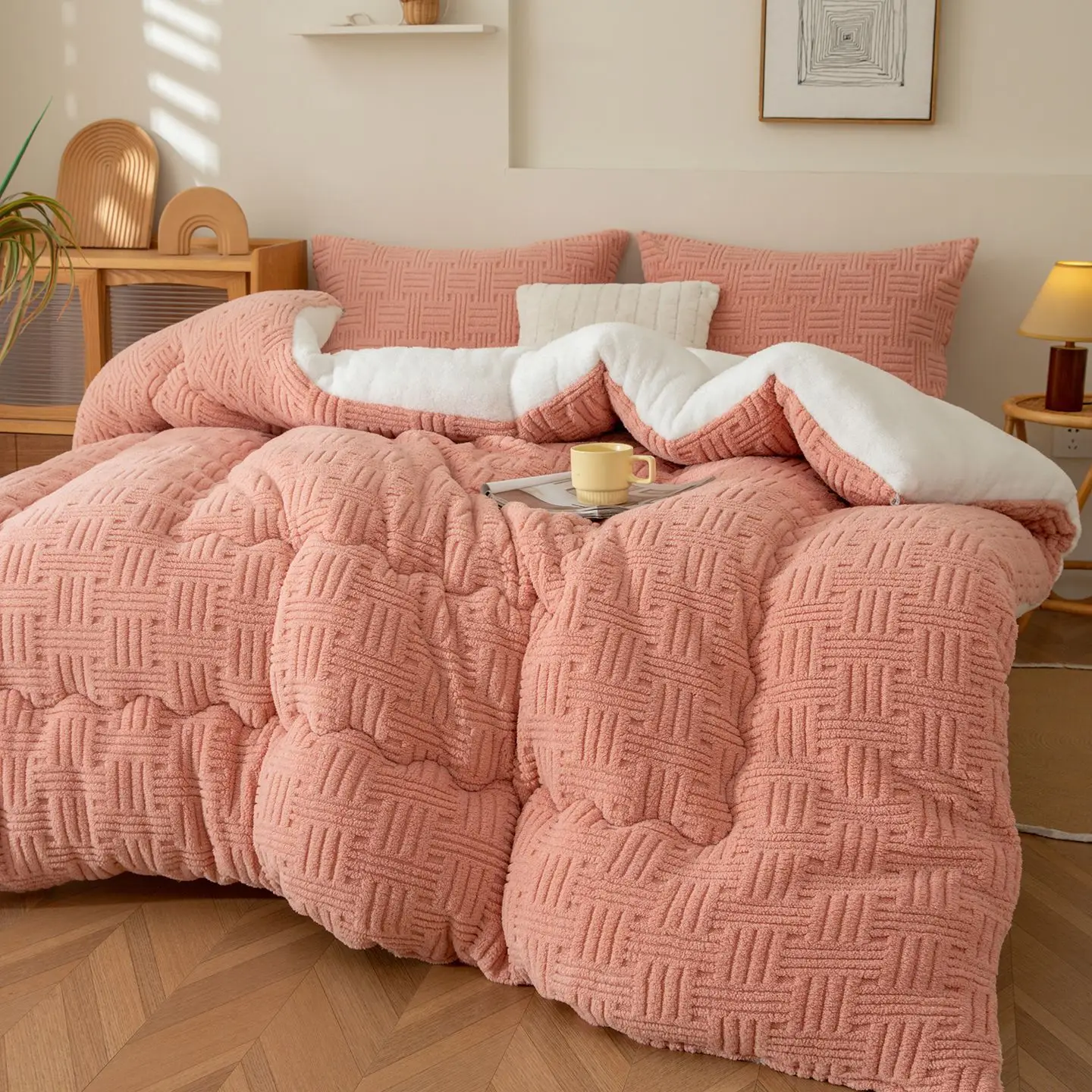 Winter Warm Thick Plush Quilt Artificial Lamb Cashmere Bedding Comforter Queen Weighted Soft Comfortable Warmth Quilted Blankets
