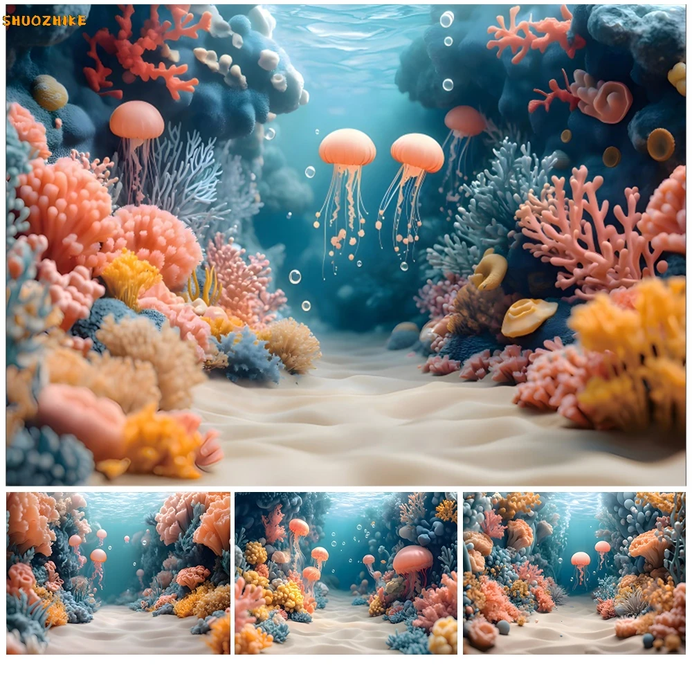 

Underwater World Photography Backdrop Ocean Undersea Jellyfish Coral Mermaid Baby Birthday Party Decor Background Photo Studio