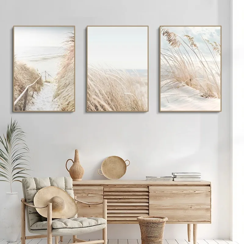 3szt Biały Pejzaż Morski Obraz na Płótnie Nordic Sea Beach Pampas Botanical Grass Plakaty Dekoracja Salon Sypialnia Wall Art Decor