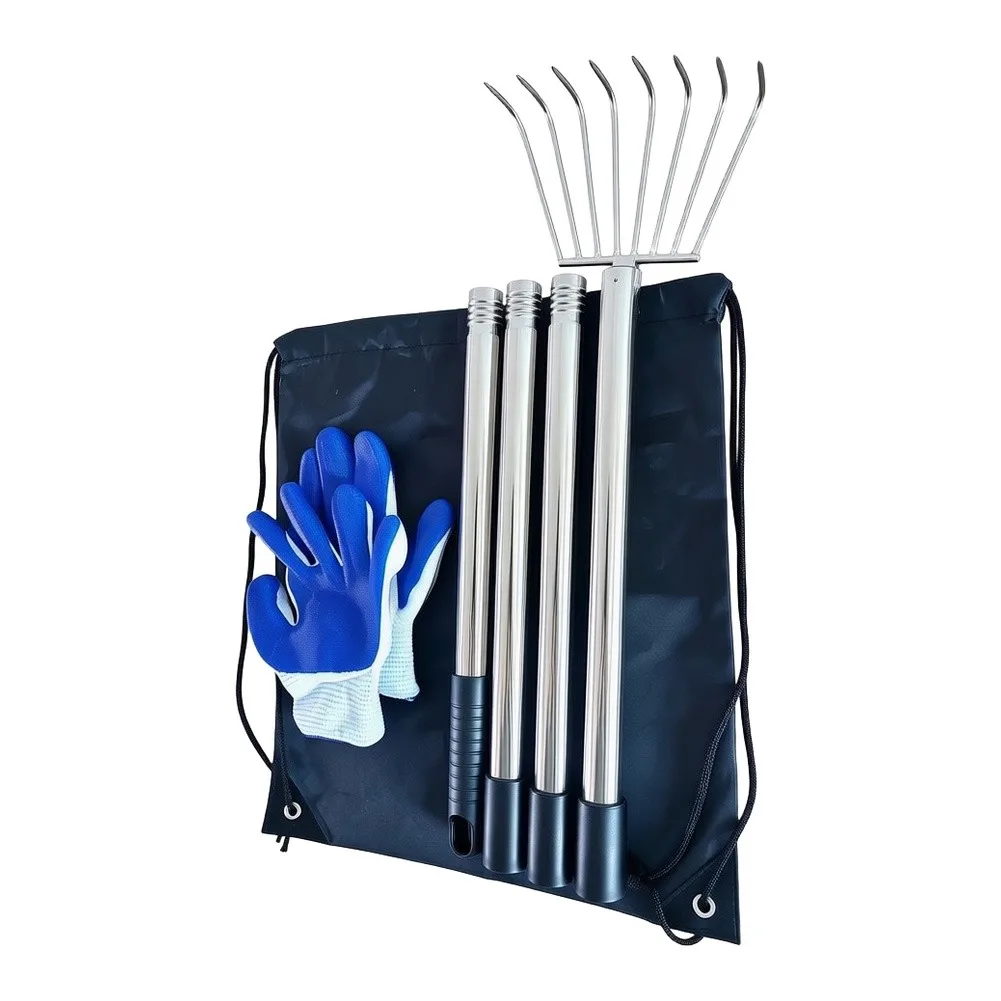 Garden Hay Rake with 8 Wide Tines and Extendable Handle for Farming Landscaping Soil Preparation and Debris Removal