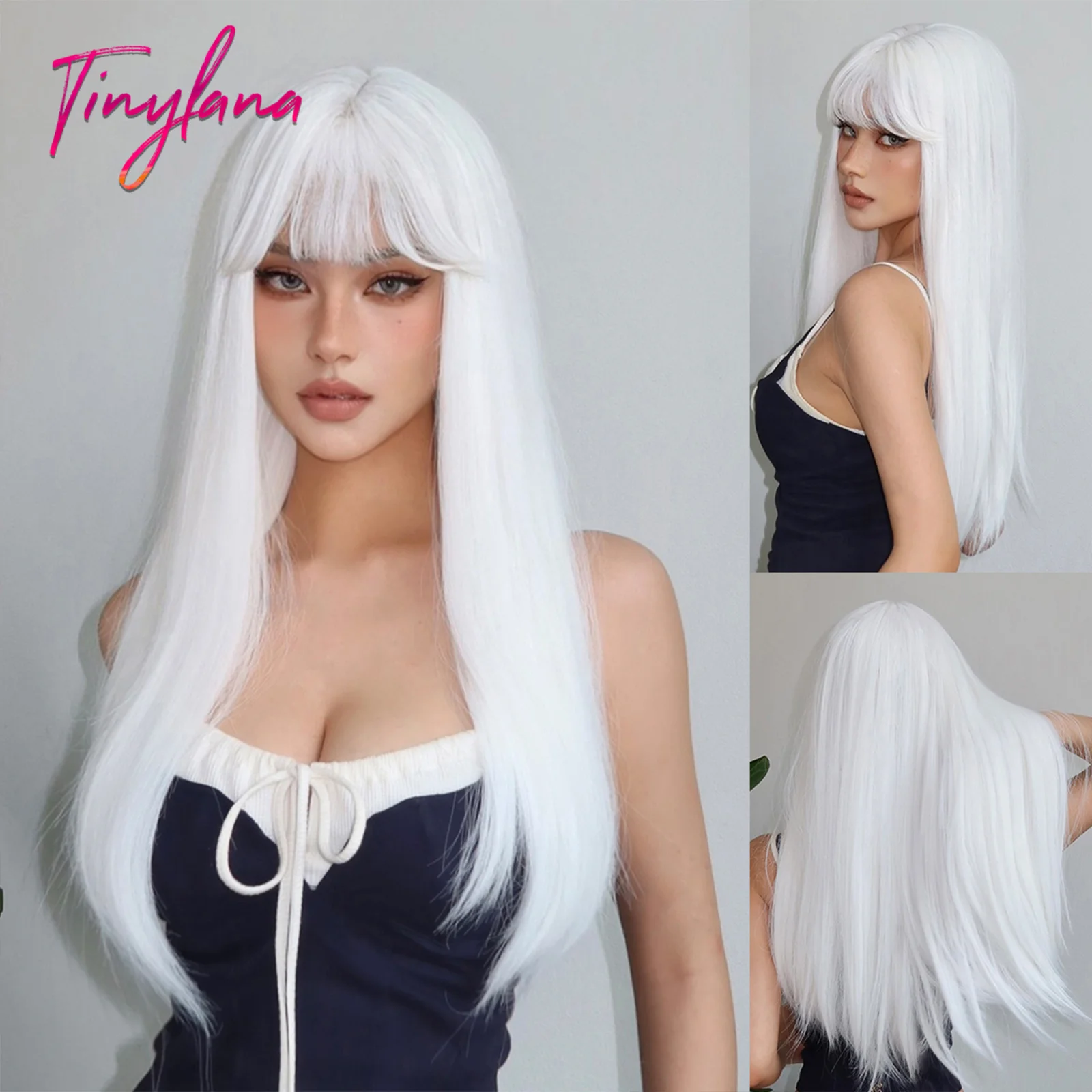 

Long Straight White Platinum Synthetic Wigs with Bangs for Women White Blonde Cosplay Lolita Wig Natural Hair Heat Resistant Use