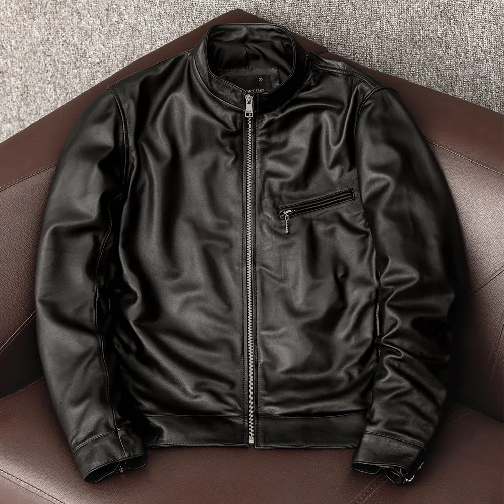 Pure first-layer sheepskin leather men's casual short stand-up collar leather jacket
