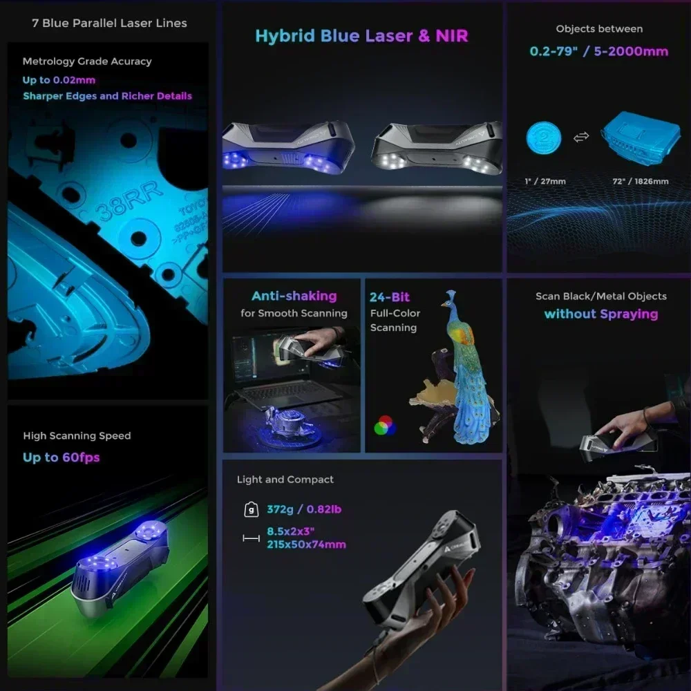 

Creality 3D Scanner CR-Scan Raptor - Multiple-line Blue NIR with 0.02mm Accuracy 60FPS Anti-Shake Tracking 24Bit Color Scanner