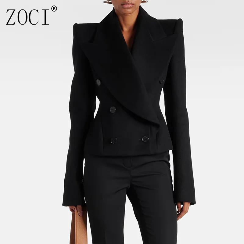 ZOCI المرأة السترات الصوفية عودة زيبر مزدوجة الصدر التلبيب معاطف الكتف وسادة بلون الإناث موضة معاطف قصيرة 2025 جديد