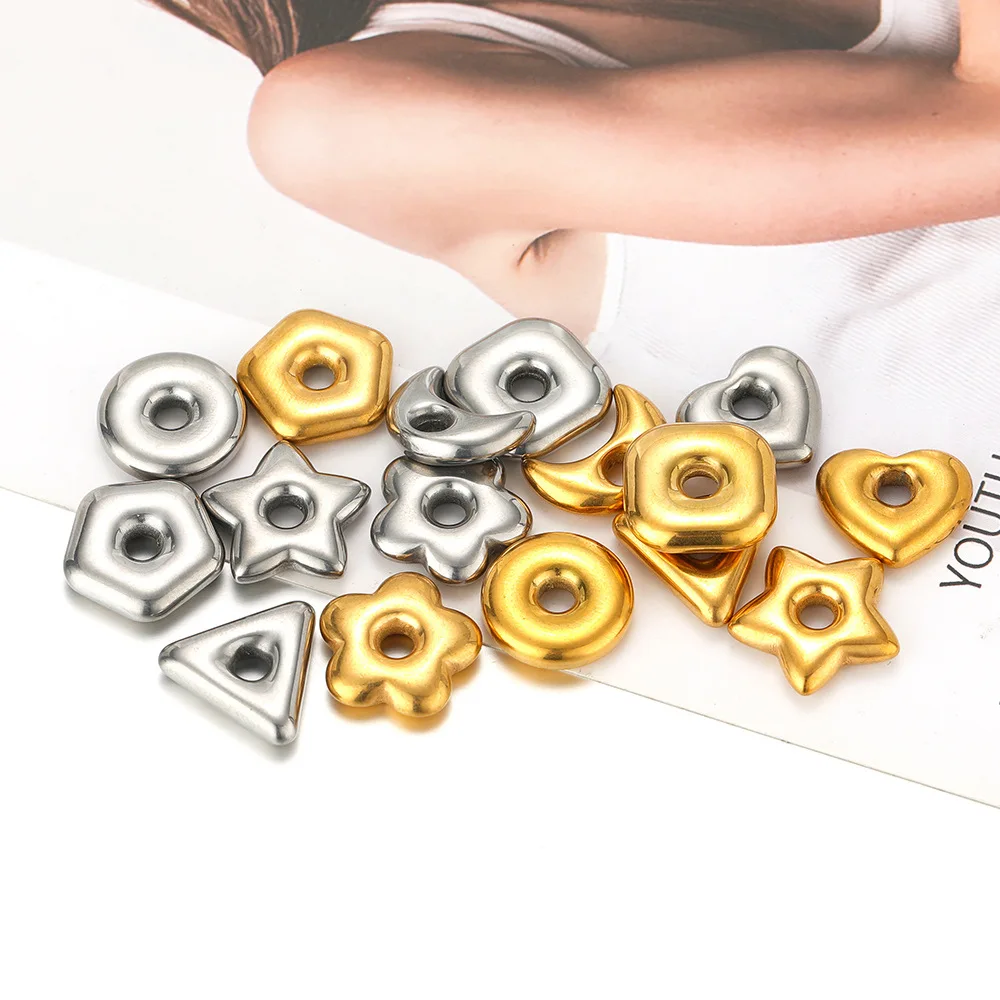 6 Stück/Set Edelstahl Gold Runde Quadratische Herz-Perlen mit Großem Loch für DIY Ohrringe, Halsketten und Schmuckherstellung – Detail 5