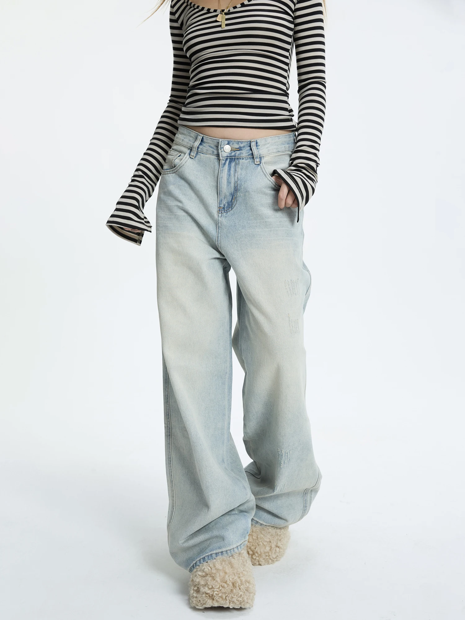 

Американские ретро-джинсы с высокой талией и прямыми штанинами для женщин, повседневные, износостойкие, из хлопкового денима.