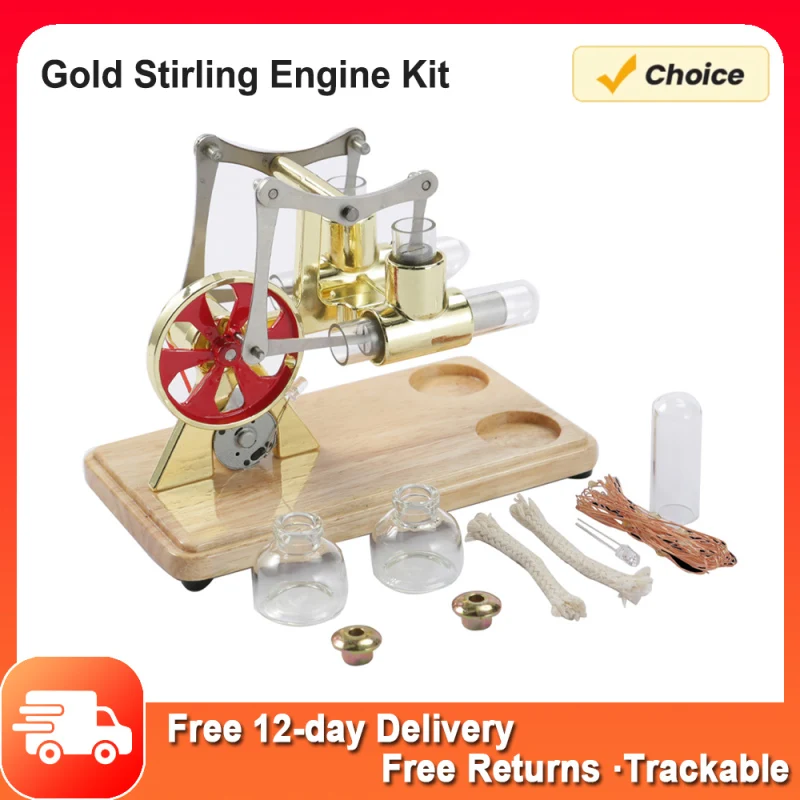 Gold Stirling Engine Kit Hot Air Motor Model Physical Dual Engine Generator Model with LED Light Flywheel Science Experiment