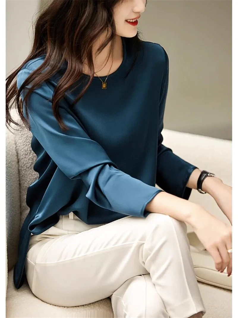 Simple O-Neck Long Sleeves Satin Shirt Casual Loose Fashion Woman Clothing 2024 New Design Side Split Female Shirt Work Wear Top