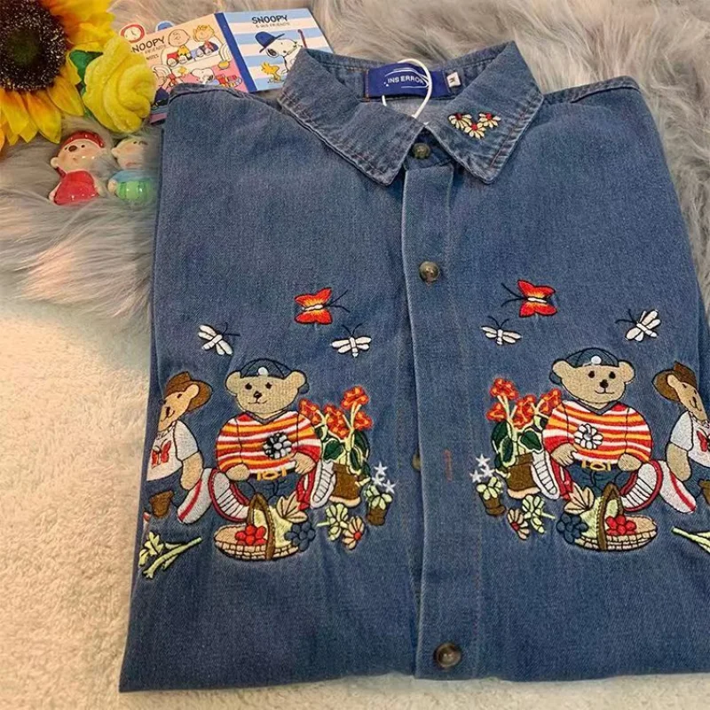 Hip Hop Bear Butterfly Embroidery Blue Denim Shirts Women Short Sleeve Casual Shirts Men Gothic Harajuku Button Up Shirts Summer