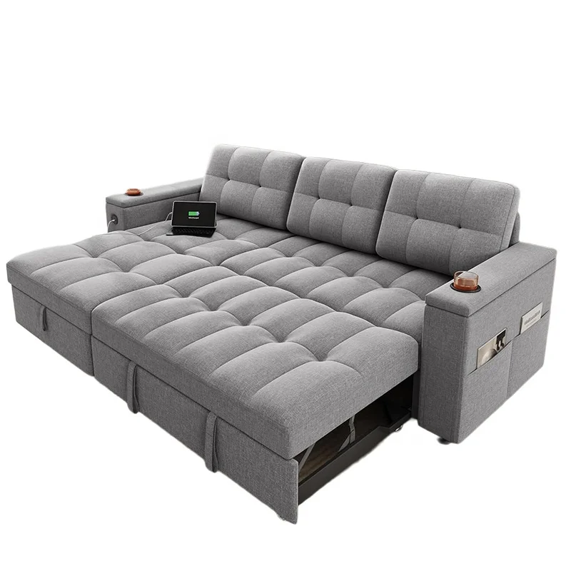 #Linen Tufted L-Shaped Chaise Sectional Sofa Bed 2in1 Convertible with Storage Drawer & Wheels Modern Minimalist Living Room