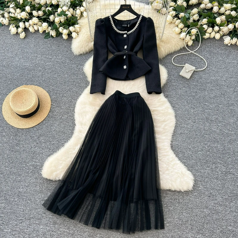 

Two Piece Skirt Sets Women Solid Coats Diamond Button Tops Mesh Pleated Skirts Casual Elegant Suits Autumn Office Lady