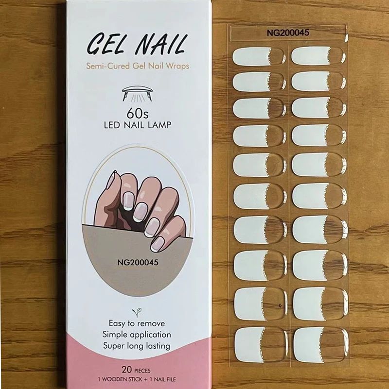 Huizi French Gel Nail Strips Patch Sliders Adhesive Waterproof Long Lasting Full Cover Gel Nail Stcikers UV Lamp Need