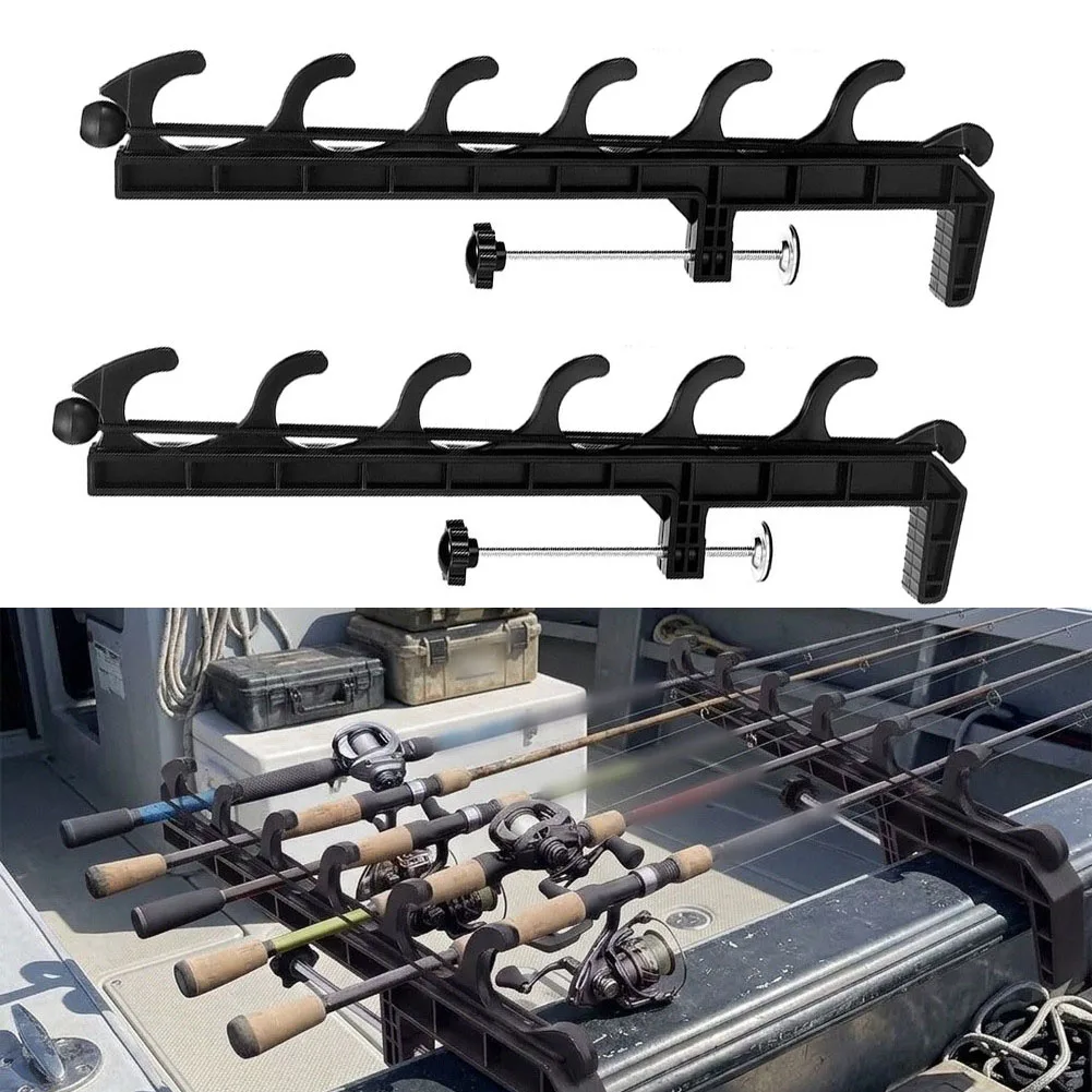 2Pcs 6-Hook Fishing Rod Holder Rack ABS Wall Mount Storage Organizer For Boat Truck RV Garage And Railing Accessories Black