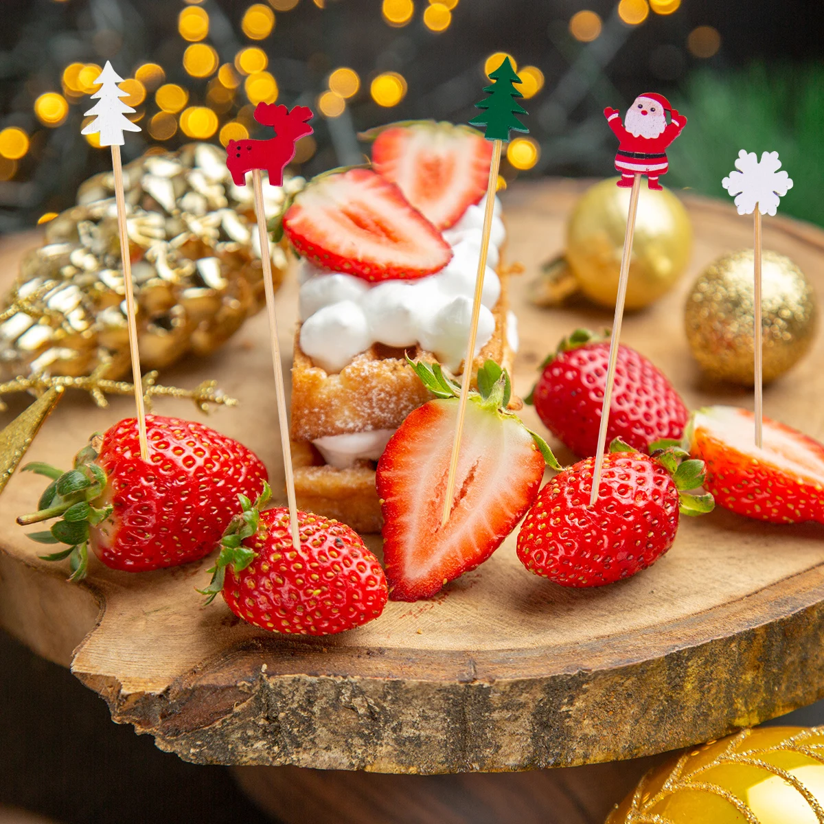 50pcs Christmas Bamboo Cocktail Picks Santa Claus Snowflake tree Drink Fruit Dessert Food Toothpicks Christmas Party Decor 2024