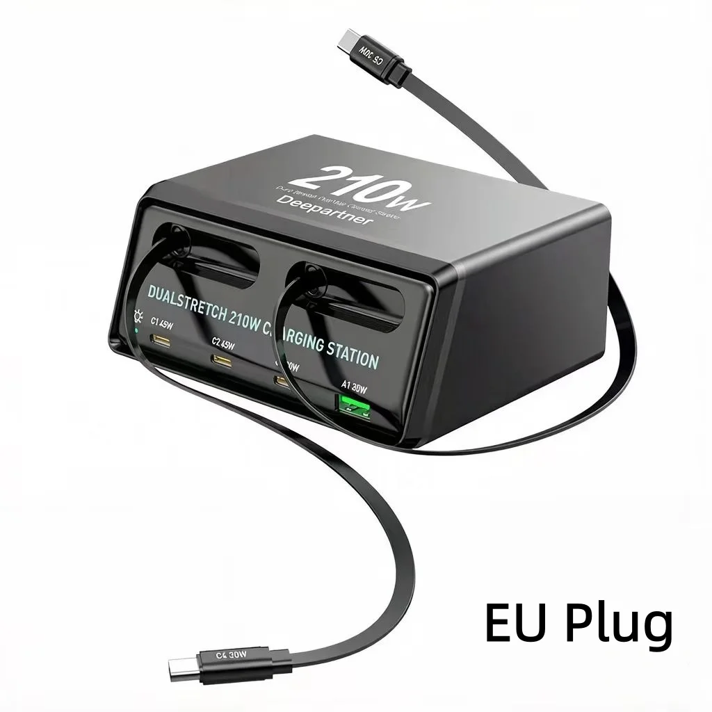 Stazione di Ricarica Dualstretch 6-in-1 con Cavi Retrattili, Hub di Alimentazione da 210W per Ricarica Rapida di Dispositivi Multipli per Telefoni