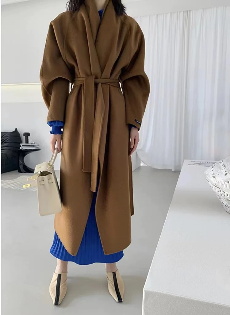 Women's Wool Large Lapel Classic New Water Ripple Coats Jackets Women Autumn Winter Double Faced Trench Coat for Women