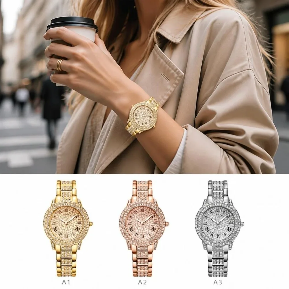 Fashion Stainless Steel Band Wrist Watch Rhinestone Dial Full Diamond Bling Bracelet Watch Quartz Wristwatch Women