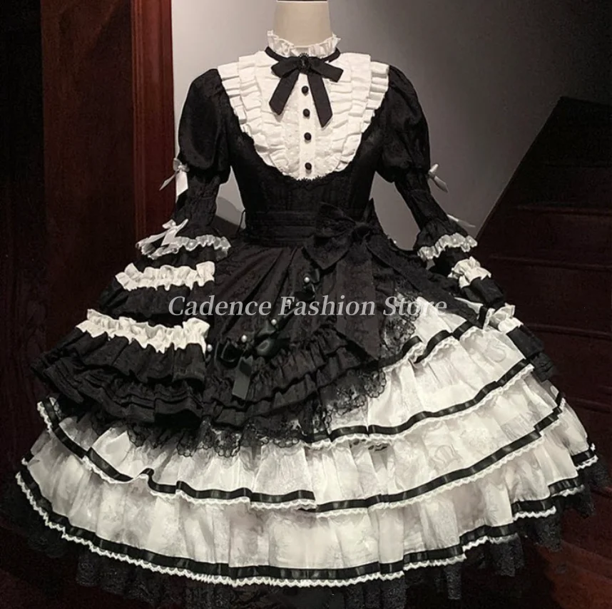 Customized  Lolita Opera Ball Gowns Strappy Back Cute Princess Bow Lace Cake Short Dresses Flared Sleeve Evening Gowns