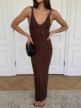 Trendix Knit Backless Dress For Women V Neck Slim Sleeveless Suspender Maxi Dress Vacation Sexy Beach Knitted Elegant Long Dress 3