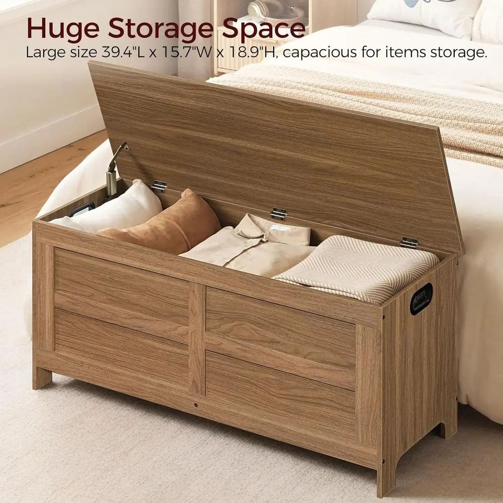 صندوق تخزين كبير باللون البني العسلي، صندوق ألعاب 39.4، مقعد مدخل مع أمان مفصلية، أثاث غرفة المعيشة