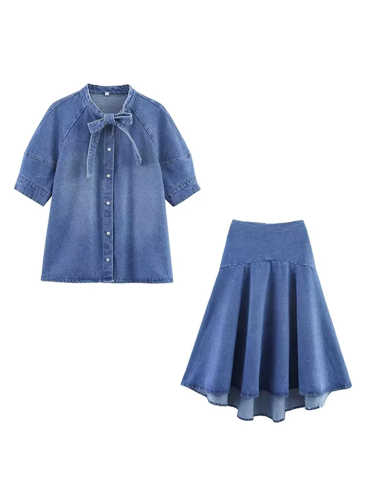 HH Abiti casual in denim da donna Camicia monopetto con decorazione con fiocco + Gonna longuette a pieghe con cerniera in vita elastica Set di gonne solide