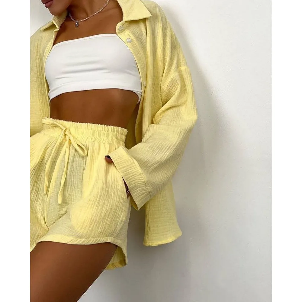 Casual Women's Pajamas Long Sleeve Commuter Shirt Shorts Home Suit Sleepwear Blouse Pajamas Sets Korean Style Solid Lingerie