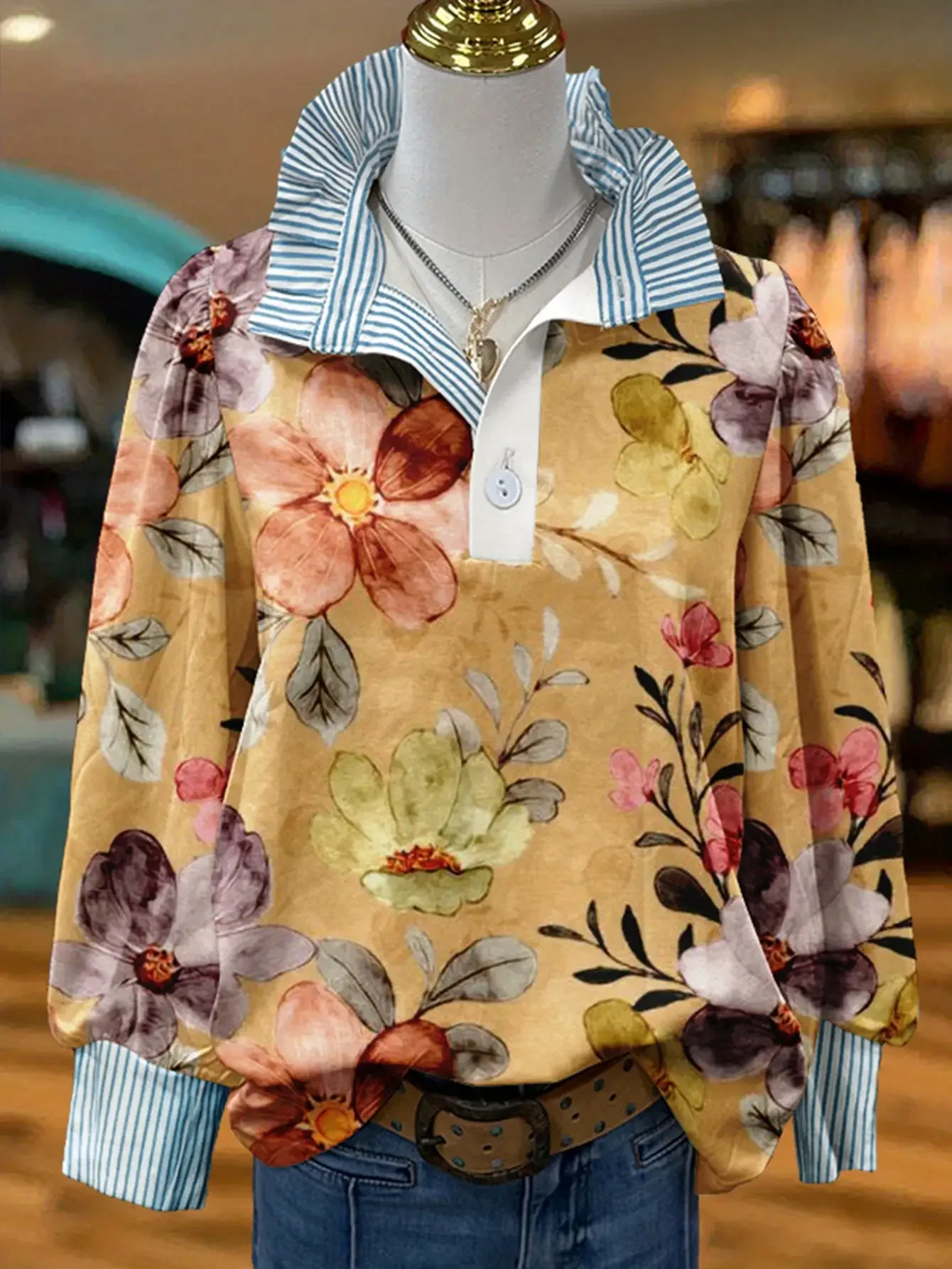 Women's striped casual fashion shirt with multi-color striped collar , Elegant necktie ruffles and foam sleeves