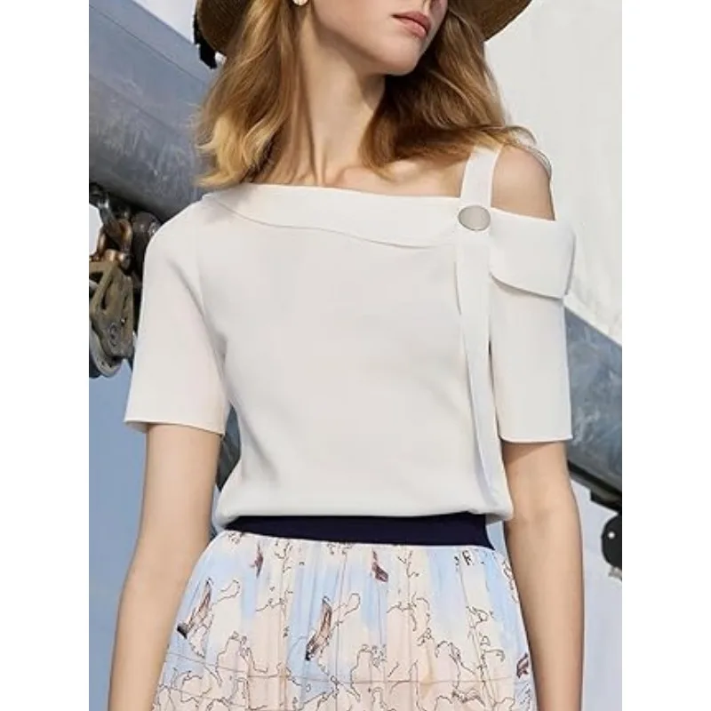 

Tinaa Женская белая футболка на одно плечо 2026 Простая свободная посадка с косым воротником и короткими рукавами Элегантные шикарные топы и футболки для свиданий 197826