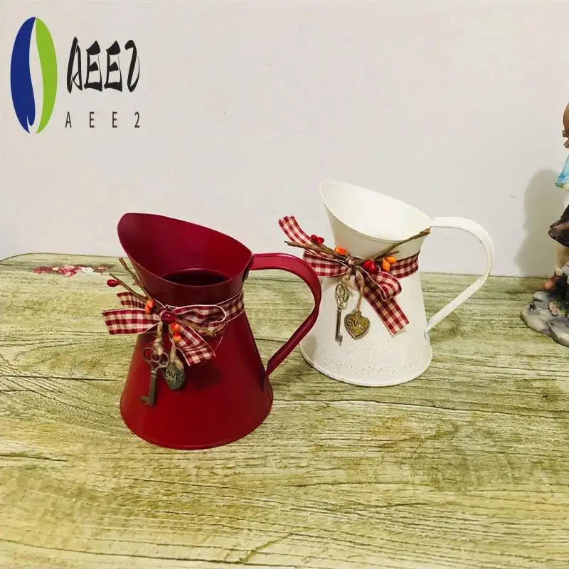 AEE2-Flower Vase Bucket Bow Heart Pendant Can Farmhouse Rustic Jug For Centerpiecess Country Iron Pitcher Planter Jug