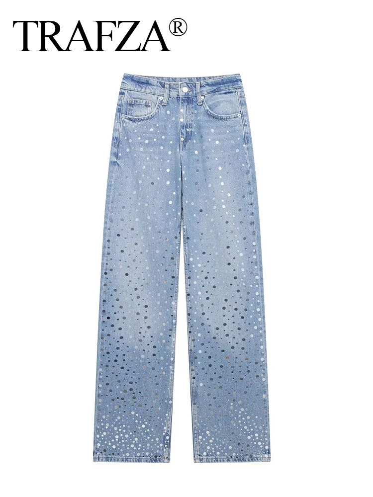 

TRAFZA Women Fashion Versatile Wide Leg Sequined Denim Trousers Female Elegant High Street Casual Ankle Length Long Pants Mujer