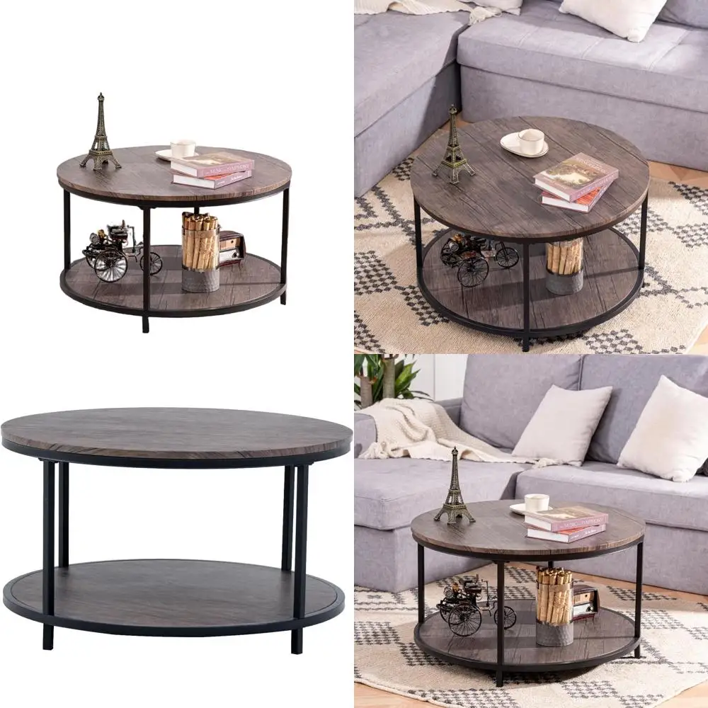 

Rustic 30 Round Coffee Table with 2-Tier Wooden Shelf, Modern Brown Living Room Furniture