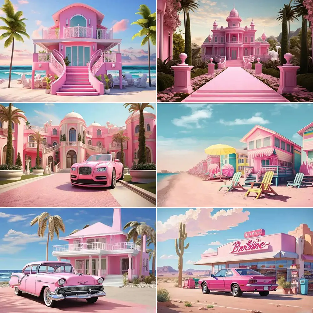 Barbie Rosa Summer Pink Car House Tropical Seaside Beach Photography Background Kid Birthday Party Portrait Decorate Background