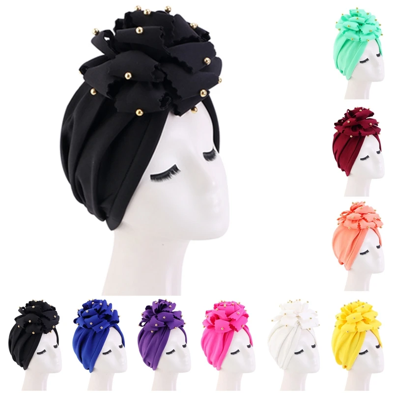 Womeen Solid Color Large 3D Flower Ethnic Customs African Turban Cap Bohemian Muslim Headwrap Party Headwear Hair Accessories