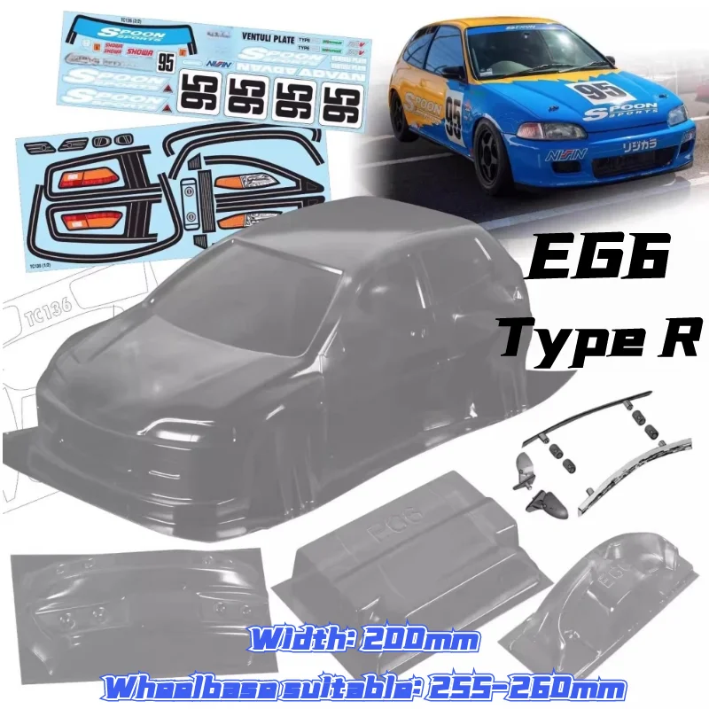 1/10 Civic EG6 JDM RC PC body shell 200mm width Transparent drift body shell with Lampshade mirror for 1/10 hsp hpi trax Tamiya