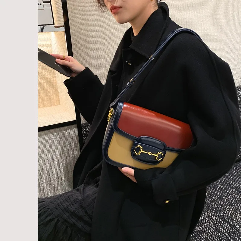 Fashionable Vintage Suede Leather Shoulder Bag with Colour Blocking Design for Ladies Saddle Handbags