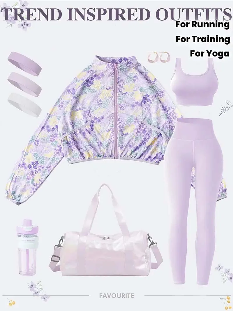 

3-Piece Lavender Floral Zip-Up Jacket Set with Sports Bra & Leggings for Yoga Fitness Casual Wear