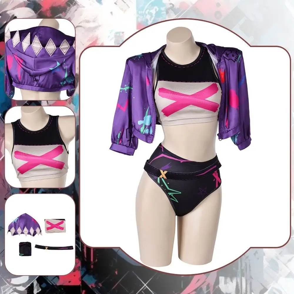 Arcane ジンクスコスプレ水着衣装女性のための女性ビキニセットコートフードツーピース水着衣装ハロウィンカーニバルスーツ
