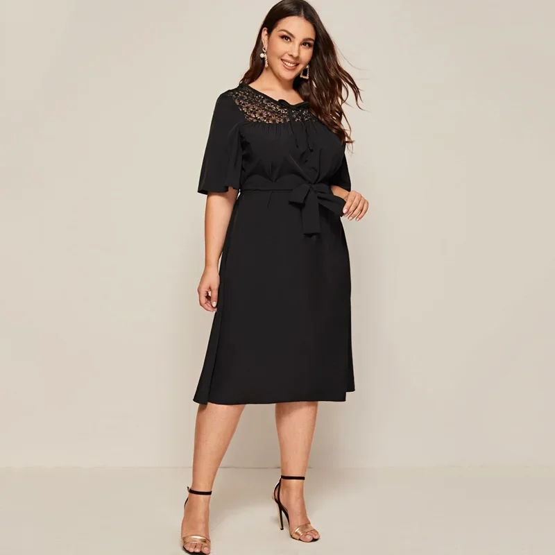 Plus Size Tie Front Elegant Summer Dress Women Ruffle Sleeve Sashes Midi Dress Lace Patchwork Loose Casual Dress Large Size 6XL