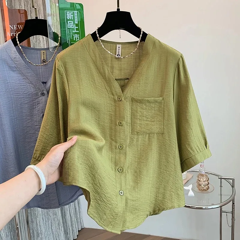 

Womens Green V Neck Button Down Blouse Chest Pocket Casual Textured Top