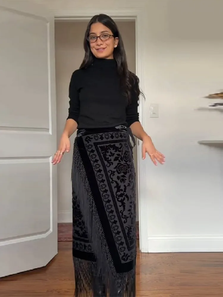 Vrouwen Elegante Fluwelen Gesplitste Kwastje Rok Vintage Bloemen Gedrukt Lange Rokken Commuter Casual Kleding 2026 Nieuwe Dame Streetwears