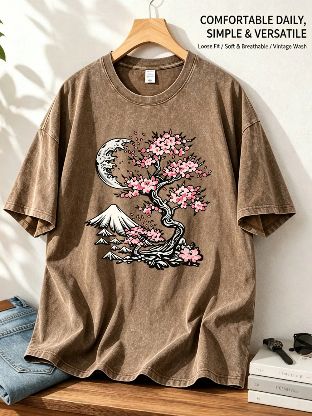 Tokyo Cherry Fuji Mountain Printed Washed T-Shirts Womens Oversized Cotton Tops Casual O-Neck Distressed Tees Summer Clothes