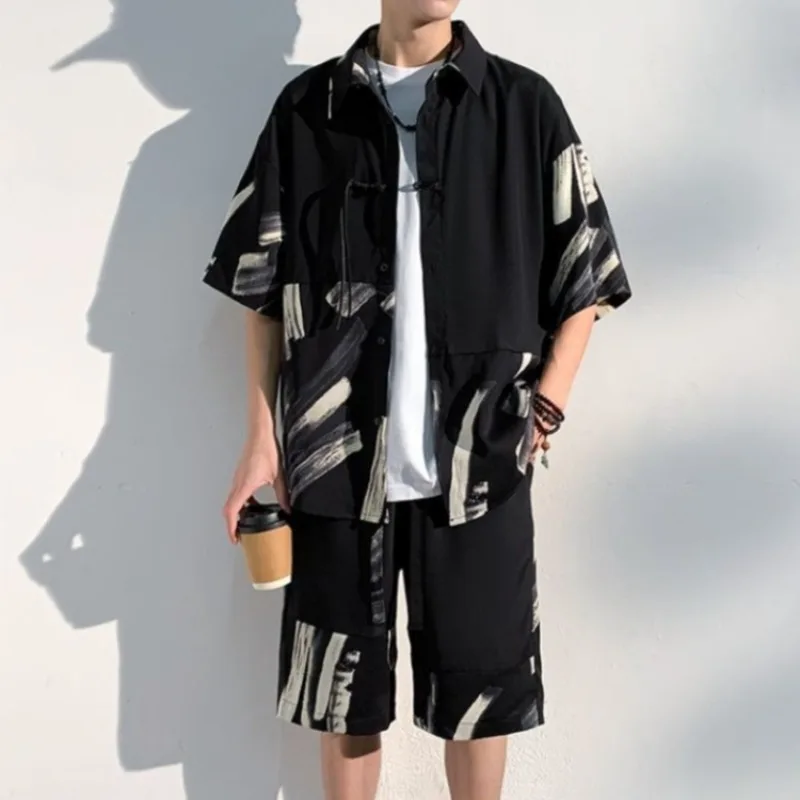 

Мужской летний комплект больших размеров в китайском стиле: рубашка с коротким рукавом в стиле туши и легкие шорты из ледяного шелка