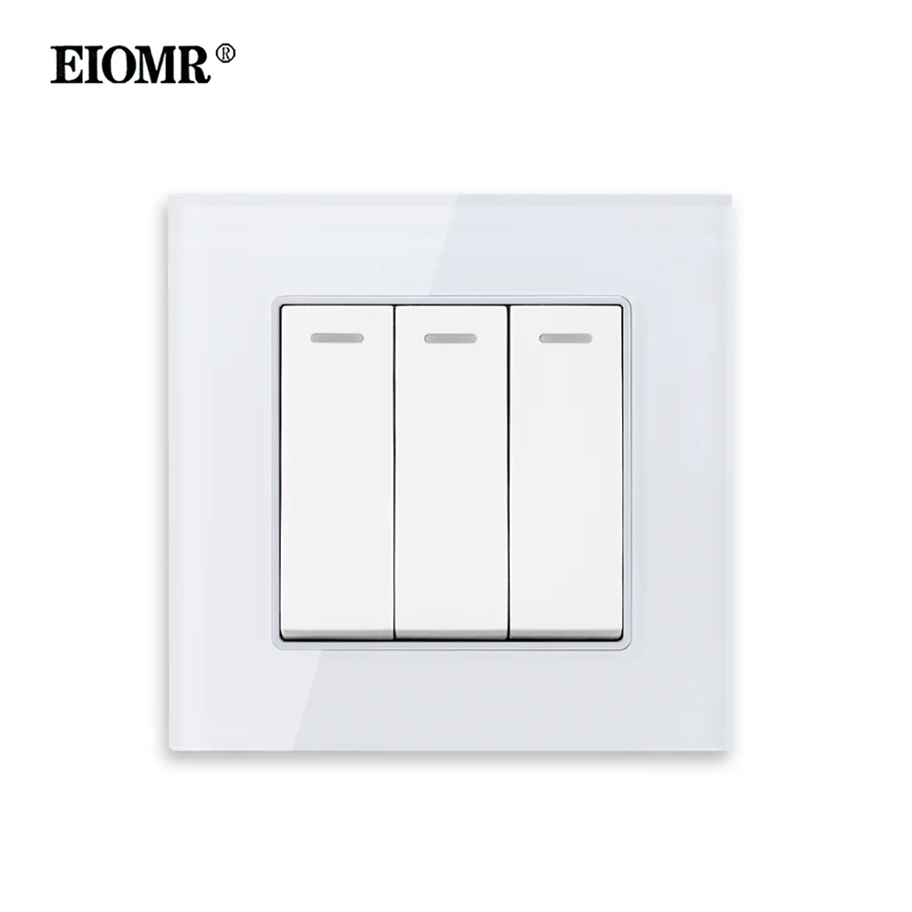 EIOMR Wall Light Switch,3 Gang 1/2 Way,Size 86*86mm,16A 250V Multi -material Panel EU UK Rocker Switch for Household Light Power