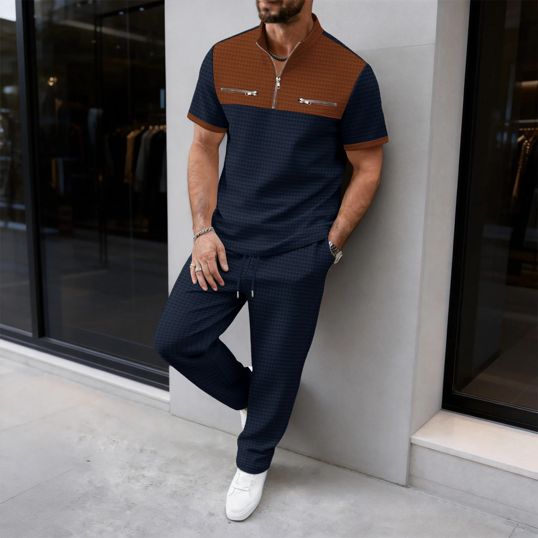

Men's premium waffle knit two-piece set: color-blocked patchwork half-zip short-sleeved top and long pants, casual street sports